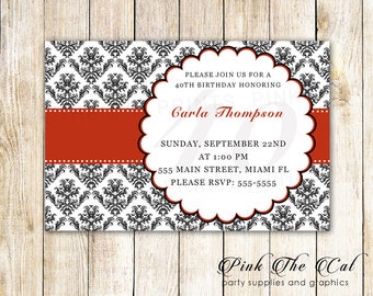 40th Birthday Invitation - ANY AGE - Red Black Invitation - Red Black Adult Birthday Party Invitation - Printable Birthday Invitation Damask
