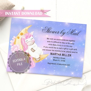 Unicorn Shower by Mail Card Invitation, Moon unicorn Far Away Baby Shower Card, distance baby shower, virtual baby shower Instant Download