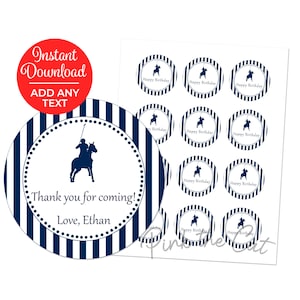 Printable stickers polo kids birthday party personalized baby shower with any text, polo navy blue white striped favor labels