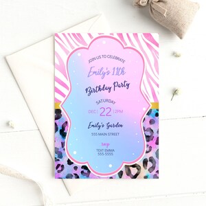 Modern zebra and leopard invitation for any age birthday, holographic and watercolor design, girl birthday invitation printable