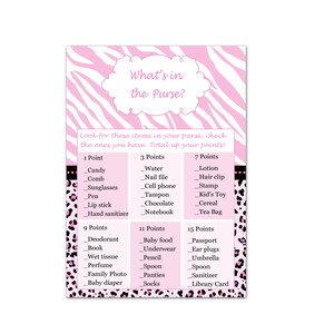 Whats In the Purse Card - Zebra Leopard Pink Girl Baby Shower Spel Afdrukbare Party Activiteit INSTANT DOWNLOAD