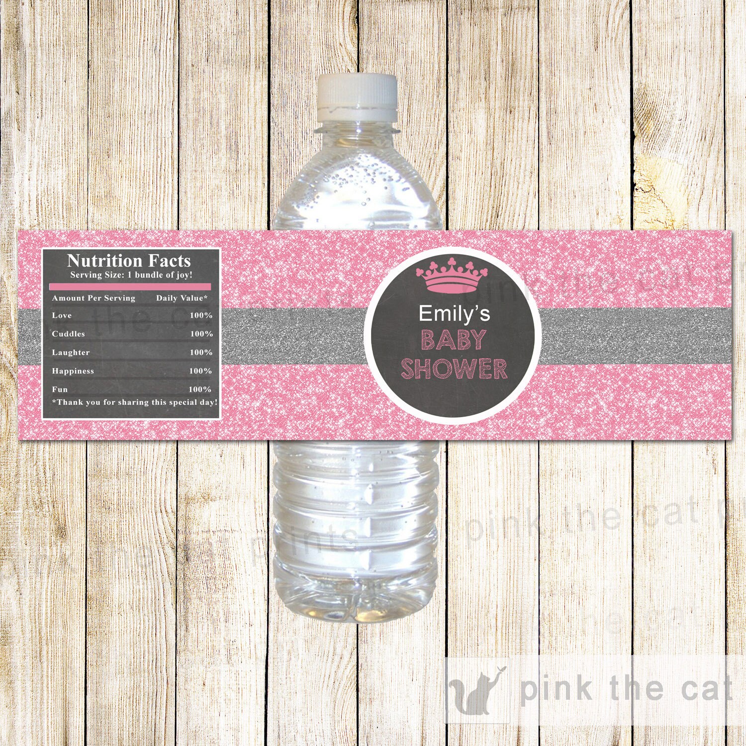Pink princess crown chic girls baby shower custom water bottle label