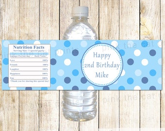 Boy Birthday Bottle Label Customized Bottle Labels Boy Baby Shower Bottle Wrapper Blue Polka Dots Bottle Sticker 1st Birthday Water Bottle