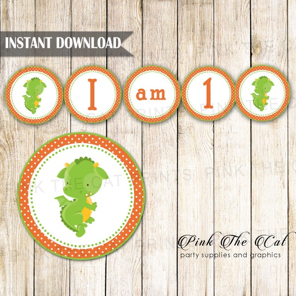 Boy 1st Birthday High Chair Banner Orange Dragon Banner Knight Dragon I am One Banner For Baby Chair Green Orange Dragon INSTANT DOWNLOAD