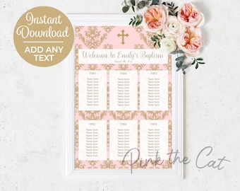 Seating chart in pink and gold for girl baptism, first communion or any religious event, editable and printable template as Instant download