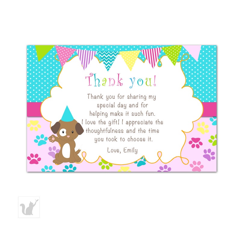 May include: A pink and blue thank you card with a cartoon dog wearing a party hat. The card has a gold border and says "Thank you!" and "Love, Emily".