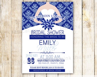 Dress Invitation - Bridal Shower Invitation- Navy Blue Wedding Shower Invitation - Damask Navy Blue Invite - Printable Couples Shower Invite