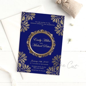 Royal blue gold wedding invitation, mandala gold blue invitation, ethnic wedding ideas, floral wedding invitation template