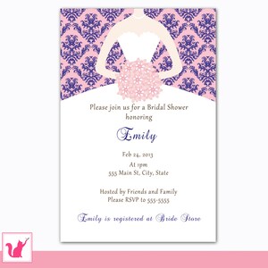 Damask Blue Pink Invite Navy Blue Pink Invitation Bridal Shower Invitation Sweet 16 Invitation Quinceanera Invitation Printable Invitation