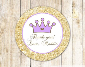 Gold Glitter Label - Princess Labels Princess Gift Favor Tags, Baby Girl Shower, Princess Birthday, Princess Baby Shower, Gold Purple Labels