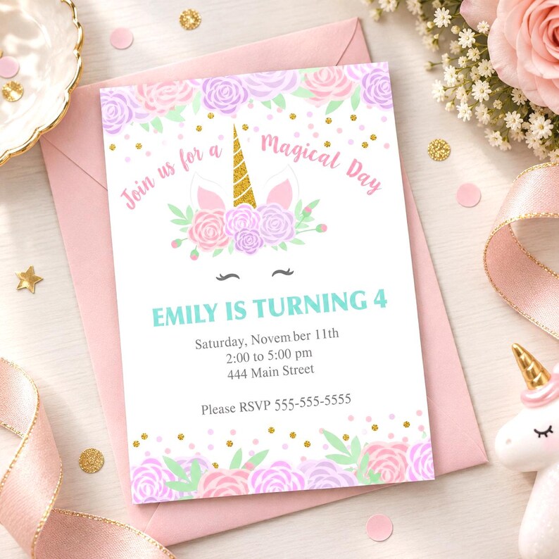 Pu&ograve; includere: Un biglietto d'invito di compleanno rettangolare con un grafico di unicorno, un corno glitterato dorato e una corona di fiori rosa e viola. Il testo recita: Join us for a Magical Day, Emily is Turning 4, Saturday, November 11th, 2:00 to 5:00 pm, 444 Main Street, Please RSVP 555-555-5555.