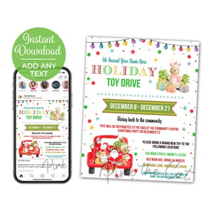 Holiday christmas toy drive flyer poster, church fundraiser flyer christmas toys, social media toy drive flyer, printable instant download