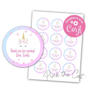 Unicorn favor label for girl birthday or baby shower, unicorn face gift favor labels, purple and pink, editable labels, instant download