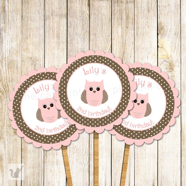 Owl Cupcake Topper - Pink Brown Owl Birthday Cupcake Topper Owl Baby Girl Shower Cupcake Topper Table Decoration Printable Cupcake Topper