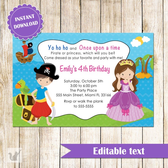 pirate princess invitation printable personalized kids birthday party invites editable file african american or caucasian instant download personalized kids birthday invitations