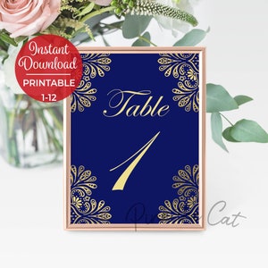Floral number table cards navy blue gold wedding table decorations, blue gold baby shower birthday table number card INSTANT DOWNLOAD