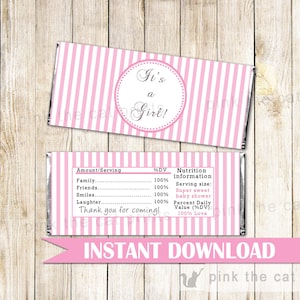 Pink Stripes Candy Bar Wrapper Pink Stripes Candy Label Baby Shower Candy Bar Label Label Pink Stripes Baby Shower Favor INSTANT DOWNLOAD