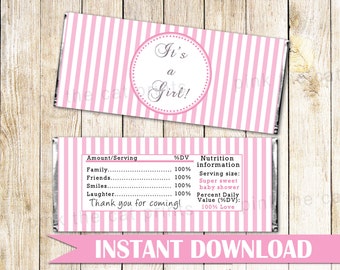 Pink Stripes Candy Bar Wrapper Pink Stripes Candy Label Baby Shower Candy Bar Label Label Pink Stripes Baby Shower Favor INSTANT DOWNLOAD