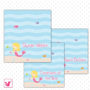 INSTANT DOWNLOAD Printable Editable Cute Mermaid Nautical Ocean Blank Folded Tent Card - Fish Under the Sea Pink Blue Design Food Label