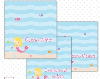 INSTANT DOWNLOAD Printable Editable Cute Mermaid Nautical Ocean Blank Folded Tent Card - Fish Under the Sea Pink Blue Design Food Label