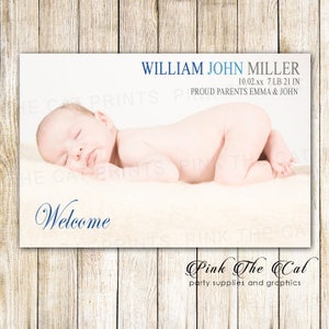 Baby Boy Birth Announcement Card With Photo, Printable Baby Birth Announcement Photo Card, Blue Gray Announcement Card - Printed Available