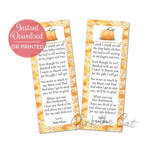 Pumpkin Bookmarks Baby Shower Fall Theme Baby Shower, Gender Neutral Bookmark Baby Shower Favors, Boy Bookmark Favors - Digital or Printed