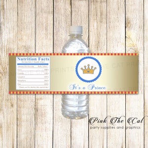 Gold Blue Red Label Red Water Bottle Labels Prince Bottle Wrapper Printable Prince Wrapper Bottle Favors Baby Boy Shower DIY Party Favors