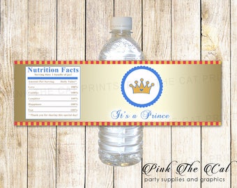 Gold Blue Red Label Red Water Bottle Labels Prince Bottle Wrapper Printable Prince Wrapper Bottle Favors Baby Boy Shower DIY Party Favors