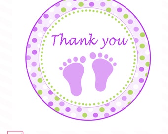 Footprints baby shower favor labels, lavender lillac green baby shower favor stickers, printable stickers template for girl INSTANT DOWNLOAD