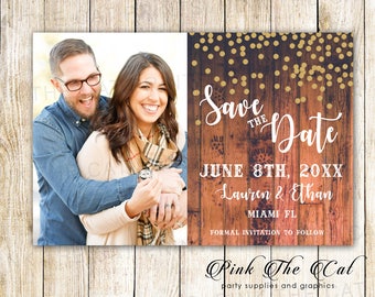 Glitter Wedding Save The Date Card - Gold Confetti Save The Date Postcard - Rustic Save The Date - Rustic Wood Save The Date With Photo Card