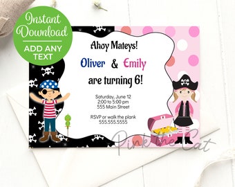 Pirate Invitation for girl and boy, joint birthday party or single, printable file, editable and instant download