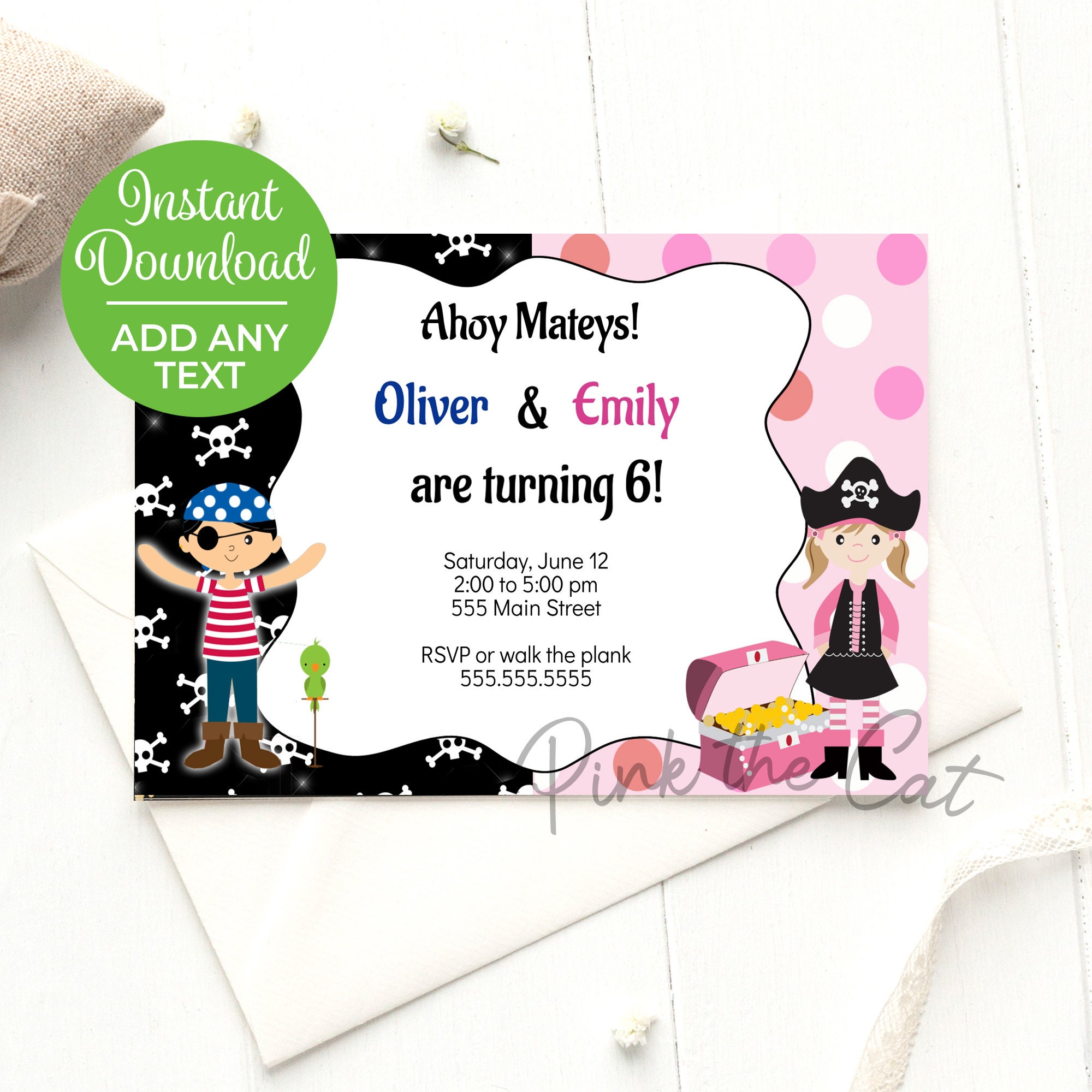Pirate Invitation for girl and boy, joint birthday party or single, printable file, editable and instant download