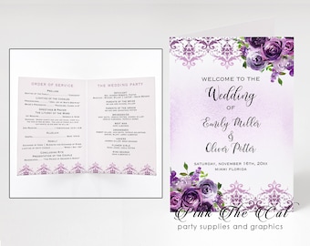 Paarse bloemen bruiloft programma afdrukbare met bewerkbare tekst, bruiloft programma template, order of service, Wedding Party INSTANT DOWNLOAD