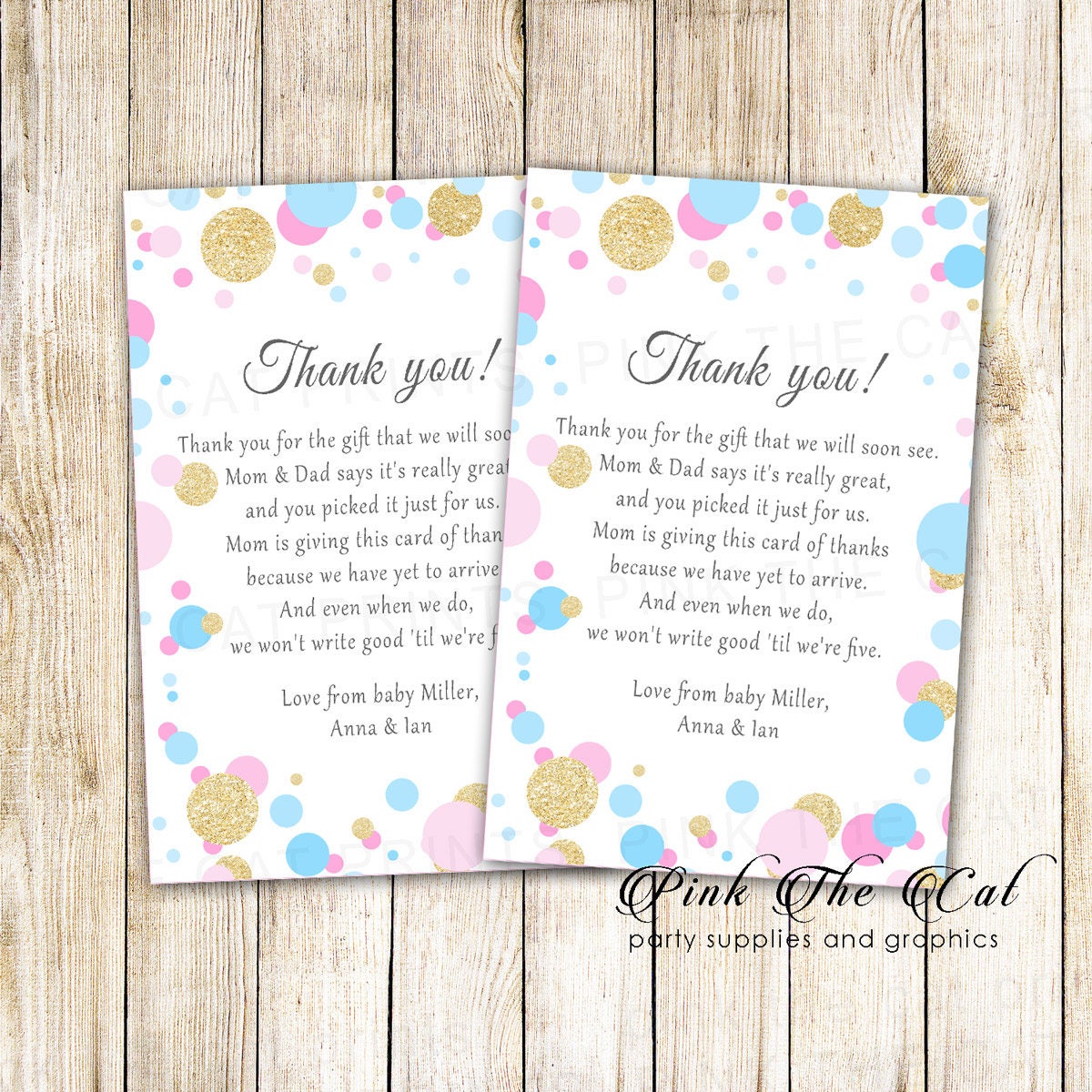 Unisex Baby Shower Thank You Card - Girl Boy Baby Shower Thank You Note -  Pink Blue Gold Confetti Thank You Card Personalized Card Printable - Etsy, image size:1200x1200