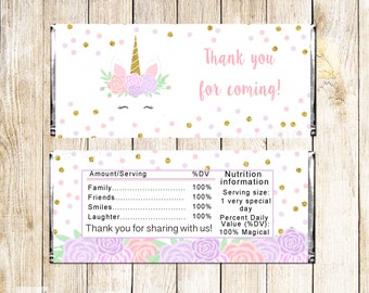 Unicorn Candy Bar Wrapper, Unicorn themed party printable candy labels, unicorn face candy sticker template birthday favors INSTANT DOWNLOAD