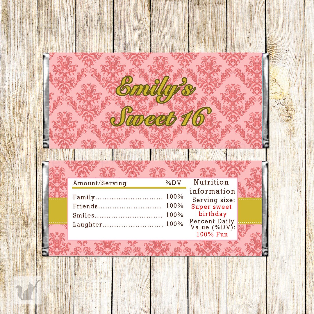 Damask Gold Coral Candy Bar Wrapper Sweet 16, Sixteen Birthday Candy ...