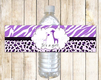 Giraffes bottle label baby girl shower purple black, giraffe baby shower favors for girls printable template INSTANT DOWNLOAD