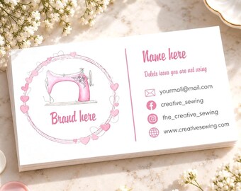 Sewing business card pink, sewing machine with hearts card, watercolor card, sewing store business card, handmade shop card boutique premade