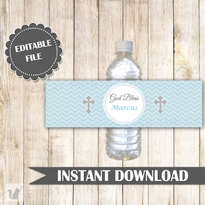 Blue Grey First Communion Bottle Label, Boy 1st Holy Communion, Boy Baptism Label Christening Favor Label Editable File INSTANT DOWNLOAD