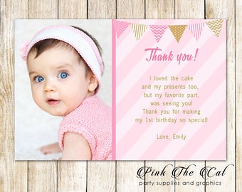 Pink Gold Thank You Card With Photo Girl Birthday Thank You Note Photo Card - Printable Pink Gold Thank You Card Birthday Thank You Card