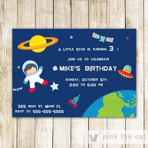 May include: A blue invitation with a space theme. It says "A little star is turning 3!" and "Join us to celebrate Mike's Birthday". The invitation includes an astronaut, a rocket, a UFO, a planet, and stars.