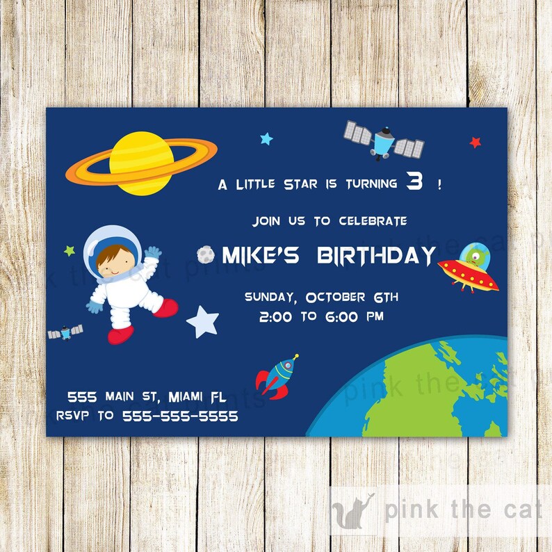 May include: A blue invitation with a space theme. It says "A little star is turning 3!" and "Join us to celebrate Mike's Birthday". The invitation includes an astronaut, a rocket, a UFO, a planet, and stars.