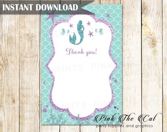 Purple Glitter Teal Mermaid Thank You Card, Mermaid Thank You Note Mermaid Party Greeting Card Mermaid Baby Shower Birthday INSTANT DOWNLOAD