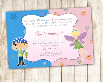 Fairy Pirate Invitation - Kids Costume Party Invite Pixie Printable Flowes Stars Personalized Card