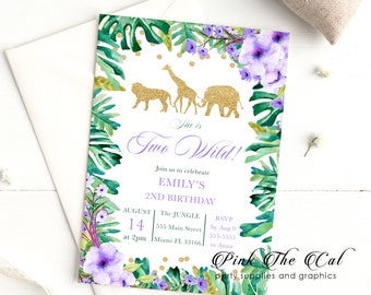 Jungle Invitation, Safari Invitation, Girl 2nd Birthday Invitation, Wild Jungle Turning Two Invitation Gold Lavender Floral Instant Download