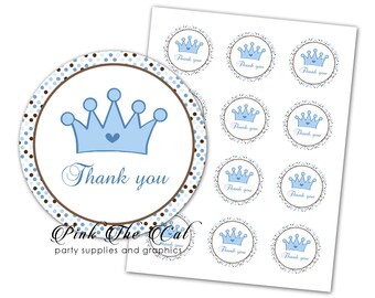 Prince favor label template for birthday baby boy shower, printable thank you labels or tags, blue brown prince stickers INSTANT DOWNLOAD