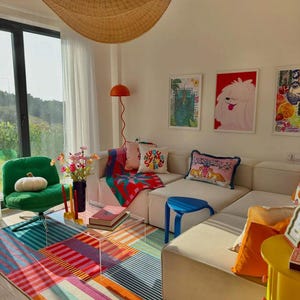 Bunter Gestreifter Teppich, Bunt Gestreifter Teppich, Moderner Teppich im Memphis-Stil, Eklektischer Regenbogen Teppich, Wohnzimmer Dekor