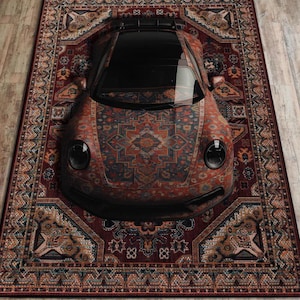 May include: A sports car with a rug design. The car's hood and roof are black, while the body features a rug pattern in shades of red, blue, and beige. The rug has a similar design, creating a cohesive look.