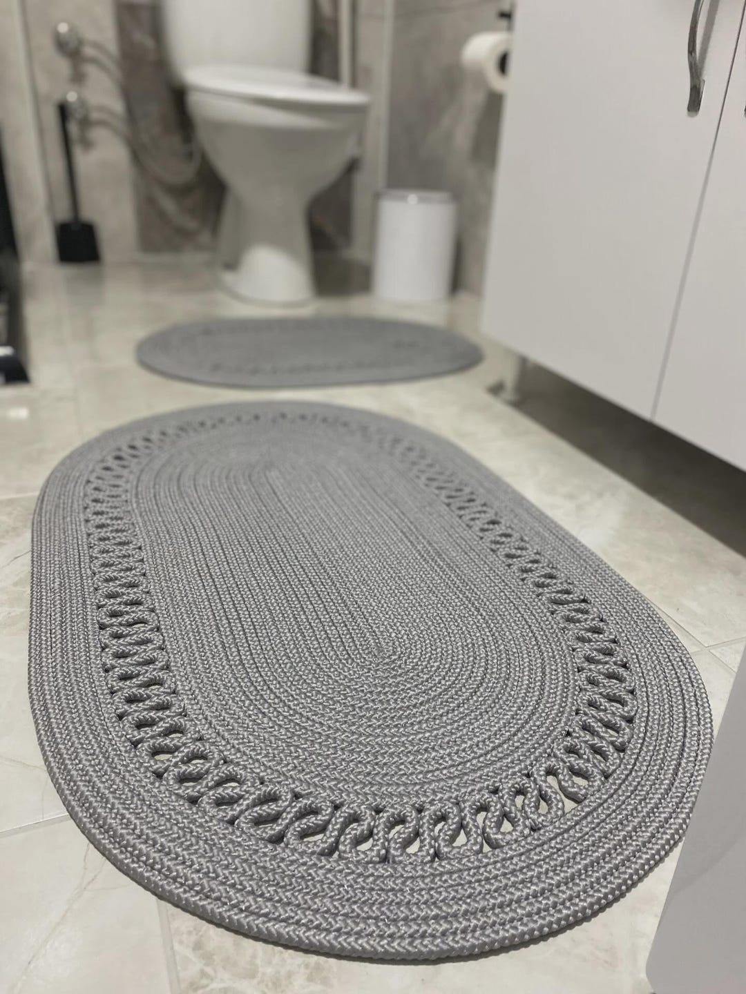 2 Piece Decorative Jute Bathroom Rug Set, Reversible Non Slip Bath Mat ...