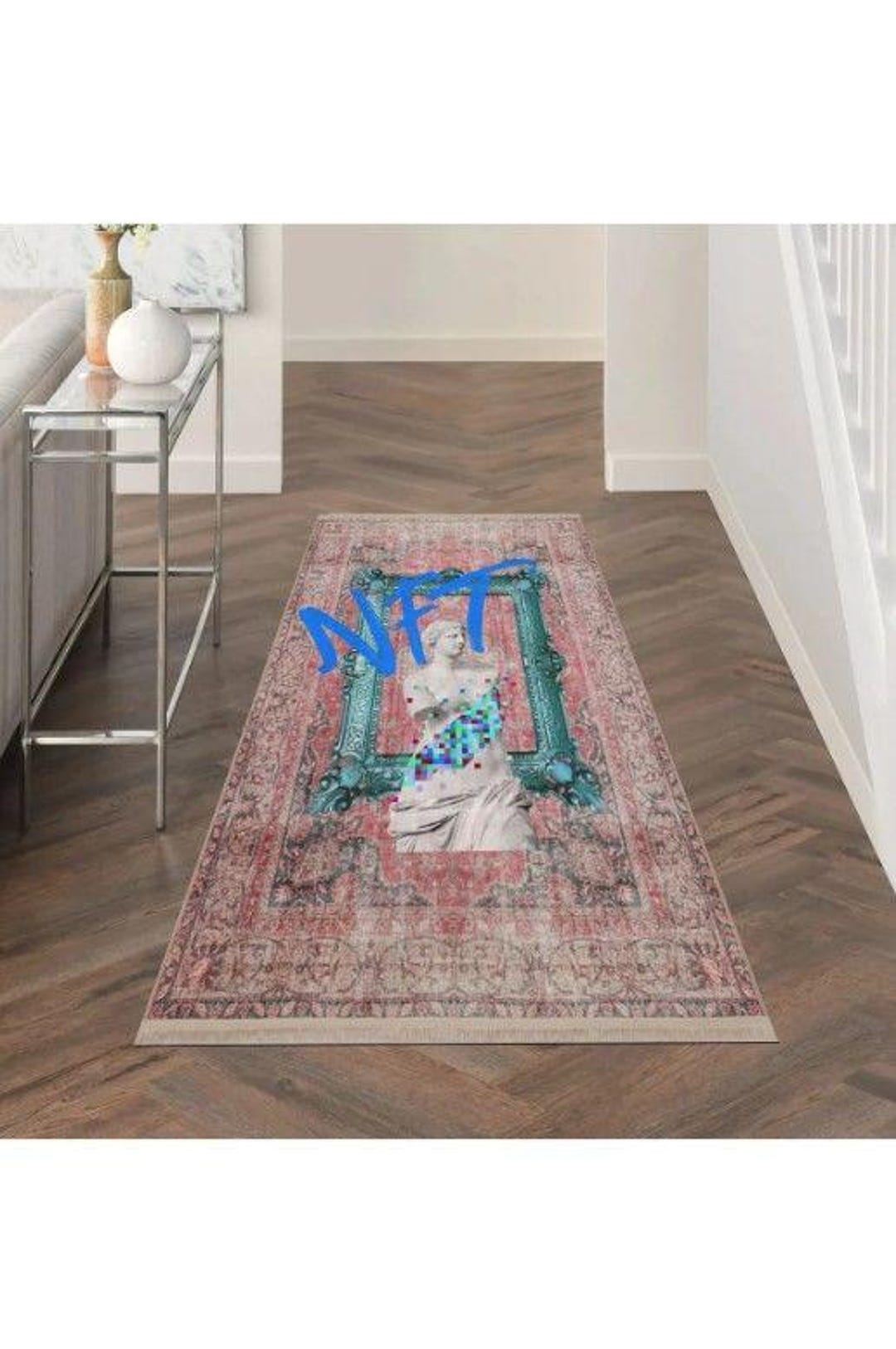 NFT Statue Rug, Modern Digital Art Carpet, Vintage Blue Frame Rug ...
